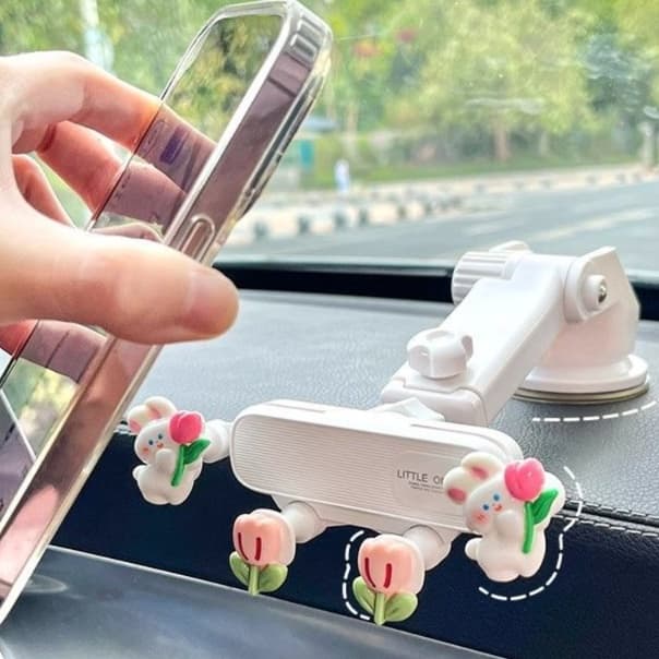スマホホルダー　車 うさぎとお花の可愛い吸盤式スタンド