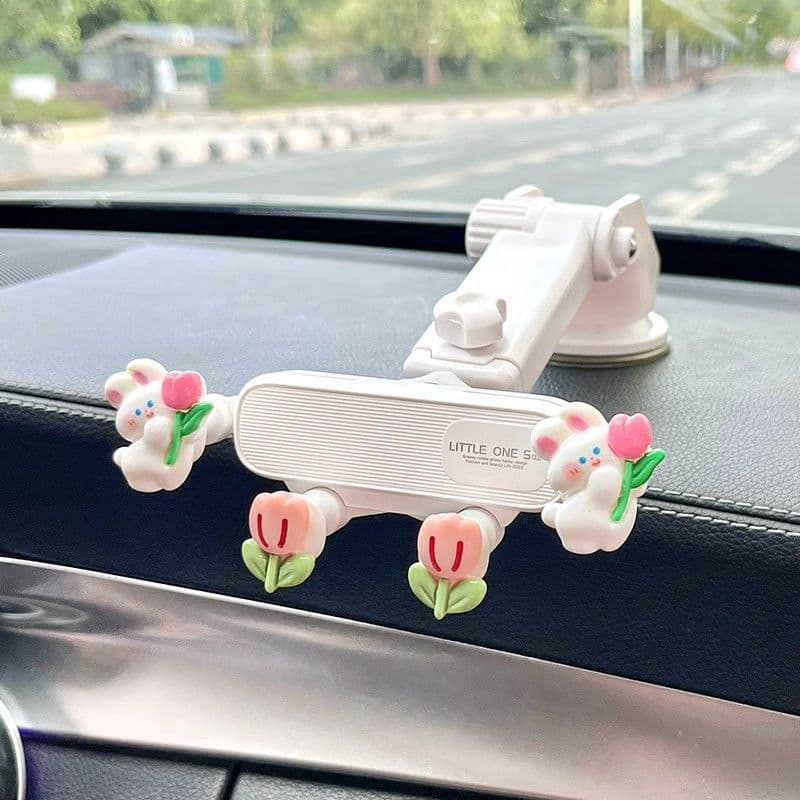 スマホホルダー　車 うさぎとお花の可愛い吸盤式スタンド