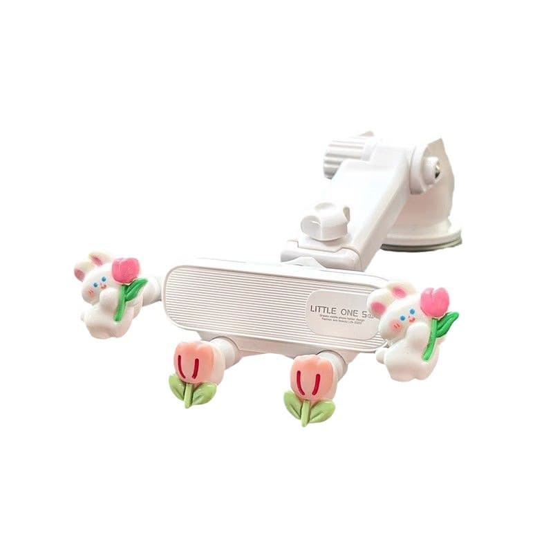 スマホホルダー　車 うさぎとお花の可愛い吸盤式スタンド